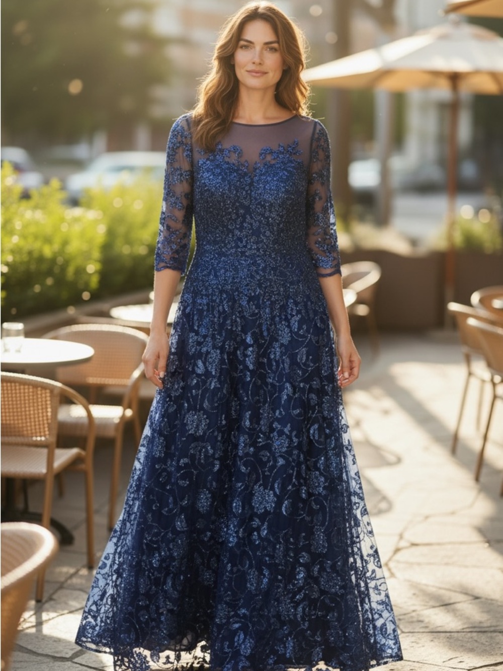Navy Blue Beaded Lace Wedding Dress